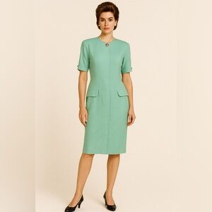 katie MFG vintage union made green short sleeves button down dress, Petite 13-14